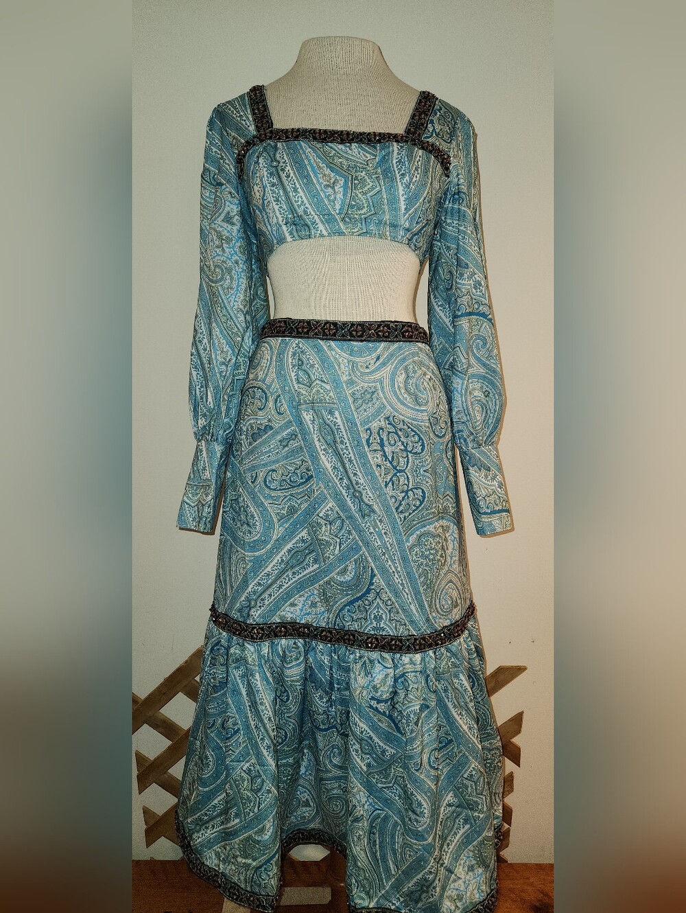 Rose Velvet Blue Paisley Long Sleeve Maxi Dress